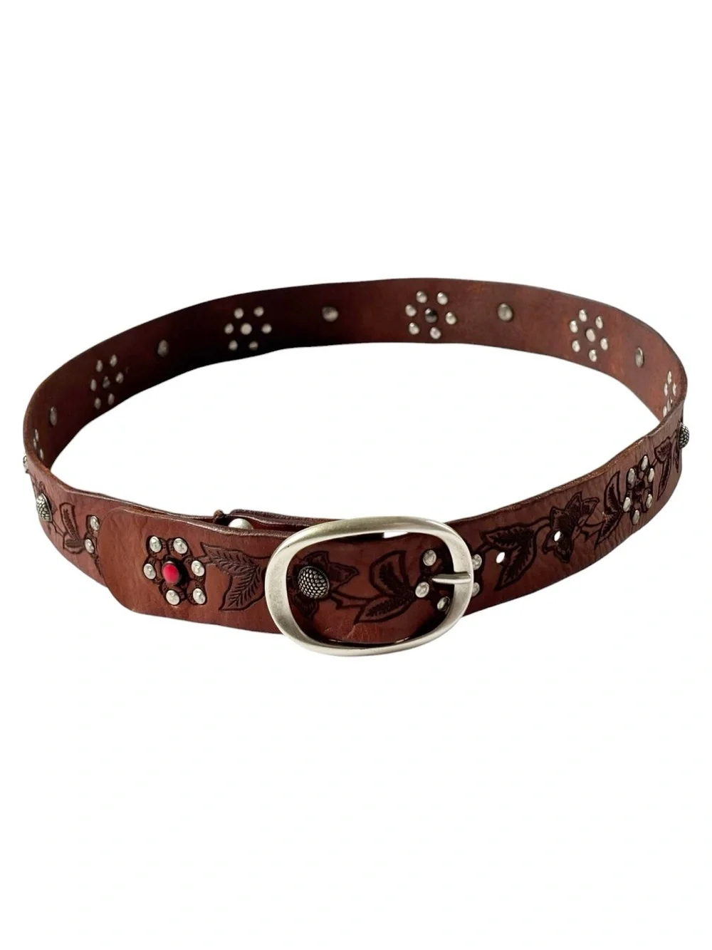 Campomaggi Iperico Cognac-coloured leather belt w/ metallic studs floral motif